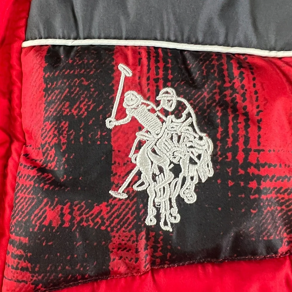 US Polo Assn Puffer Jacket Boys M 10\12 Red Black Hooded Fleece‎ Lined Pony Logo